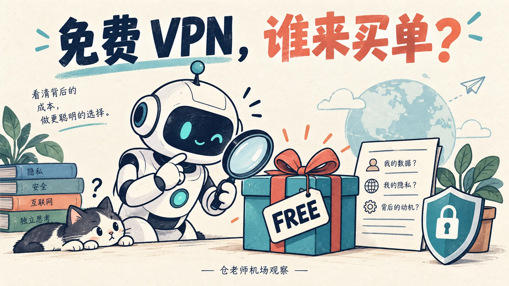 机器人用放大镜检查免费VPN礼盒与隐私说明,提示了解服务的成本和权限