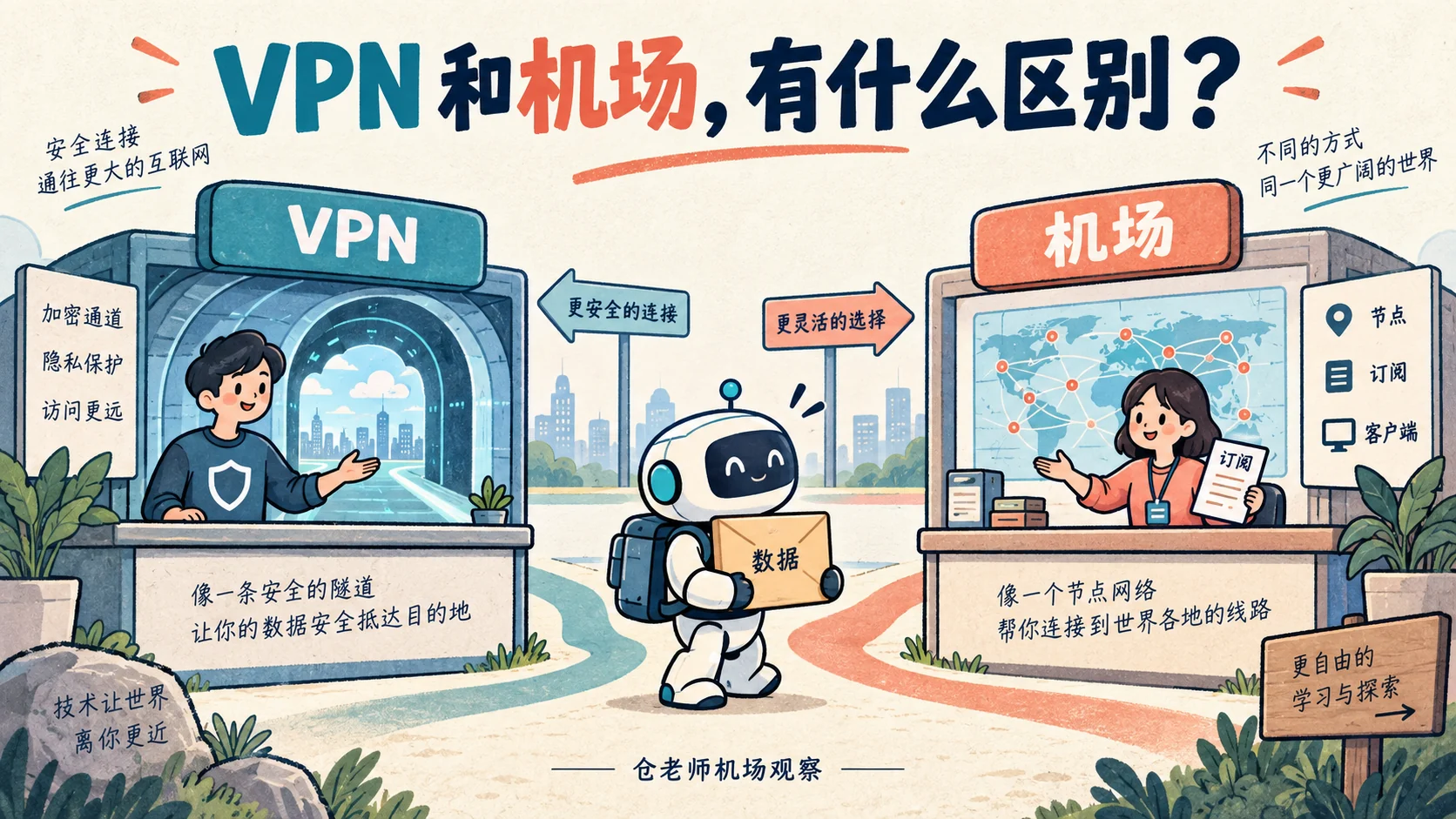 VPN 与机场订阅服务的概念插画,展示节点、订阅和客户端之间的关系