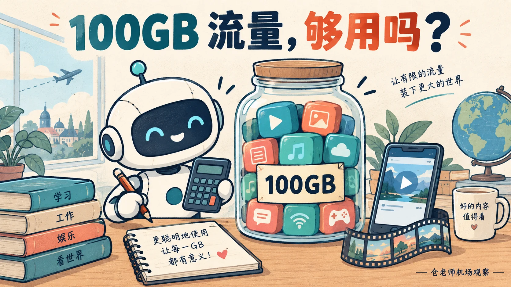 100GB流量预算插画,机器人用计算器比较视频等用途的数据消耗