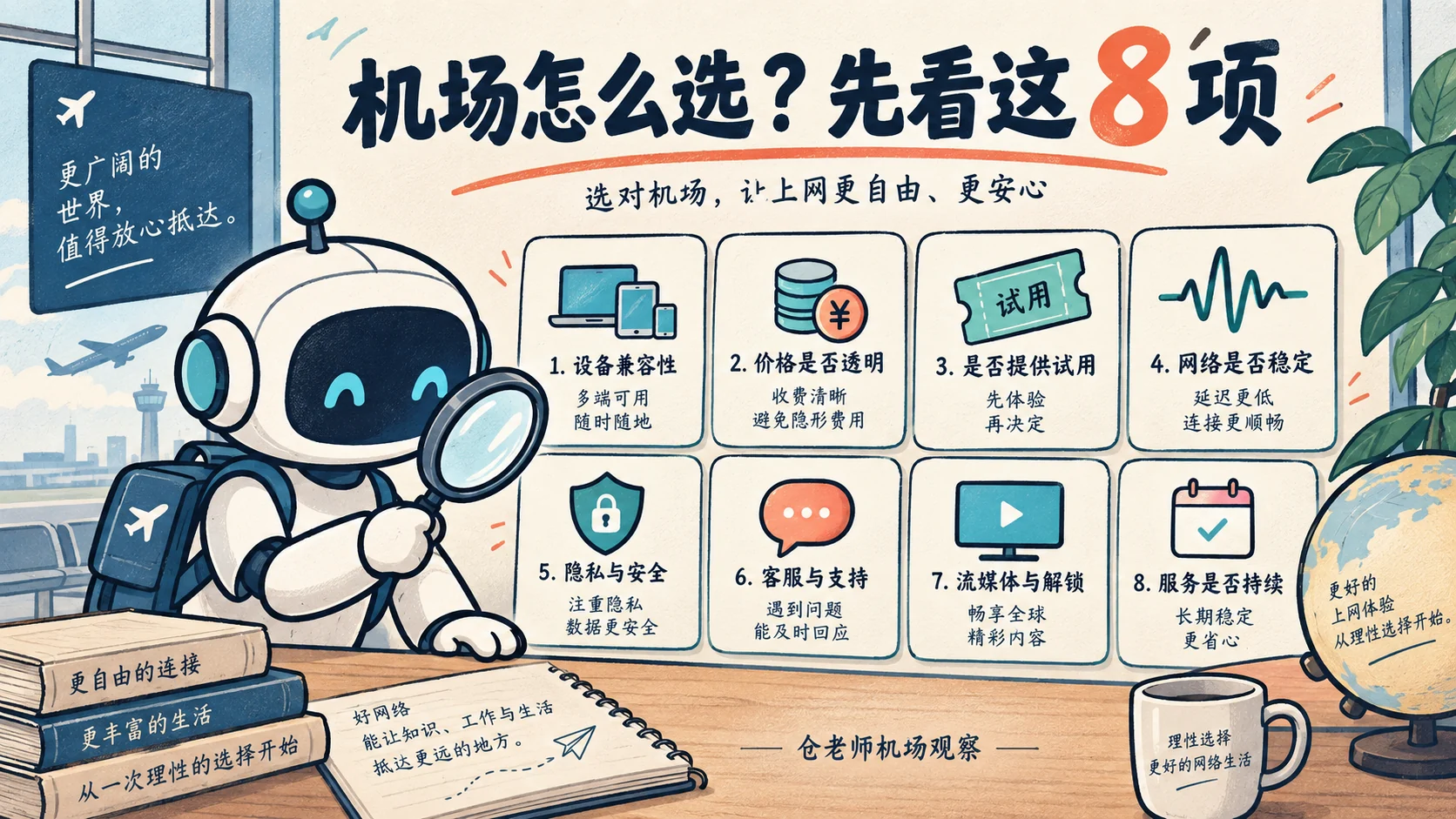 机场选购八项检查插画，包含兼容性、价格、试用、稳定性、隐私、客服、应用表现与续费