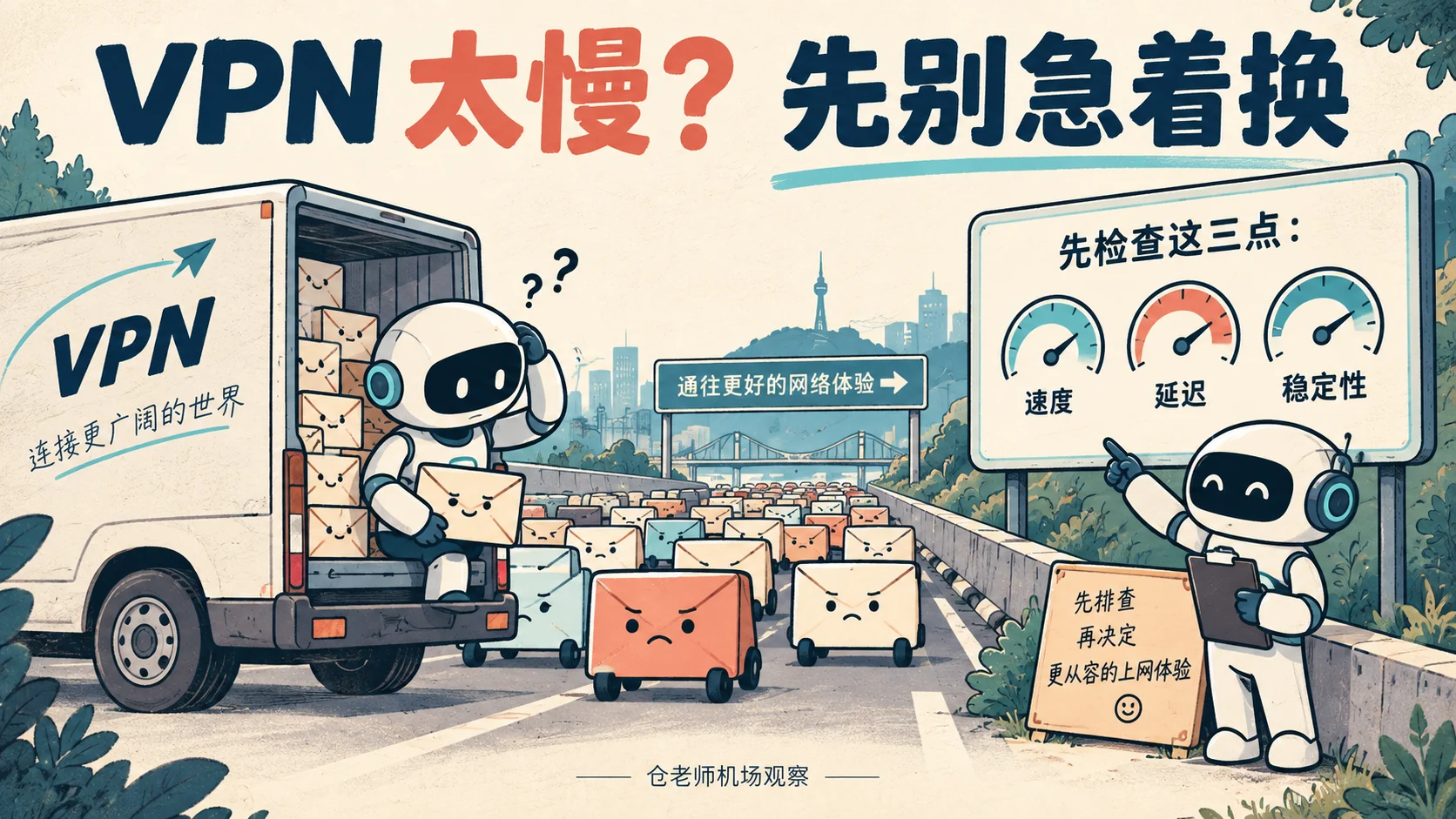 VPN 卡顿排查插画，用数据运输拥堵和速度、延迟、稳定性仪表解释网络问题
